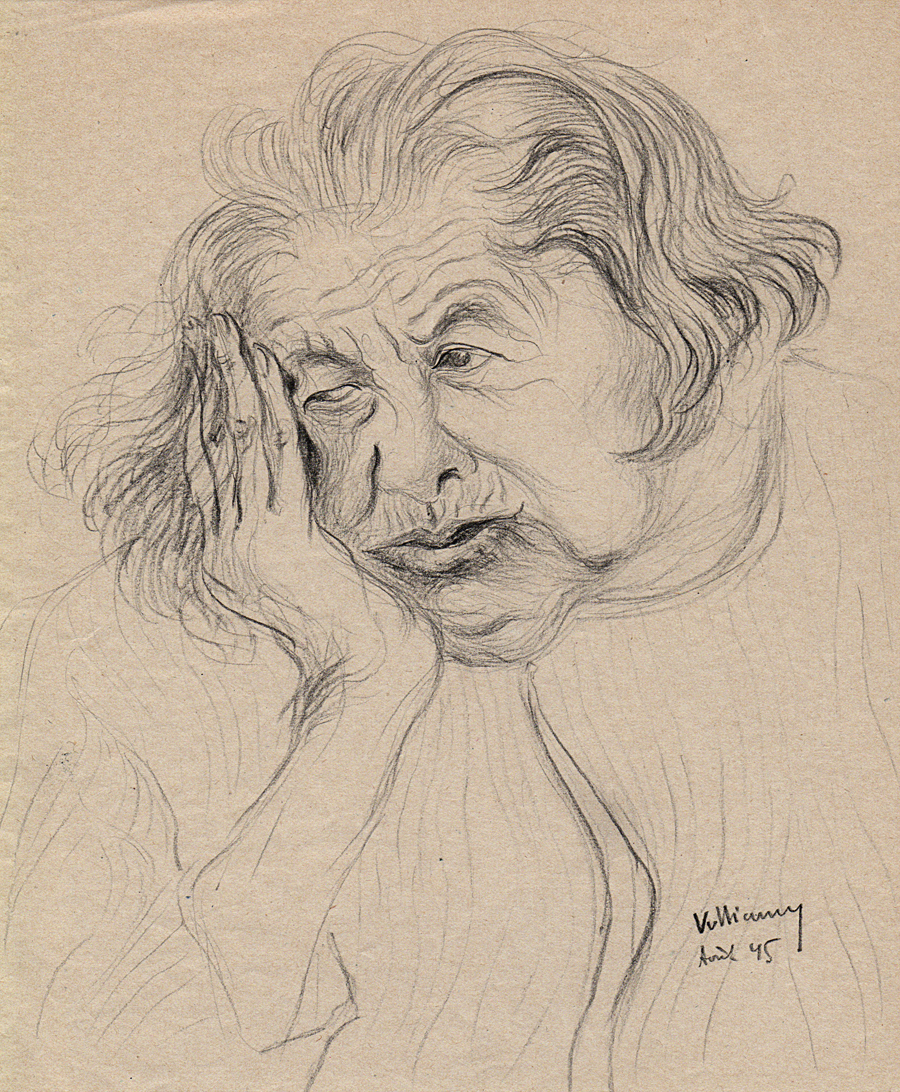 1945. Dessin original de Gérard Vulliamy pour le premier portrait illustrant Souvenirs de la maison des fous de Paul Eluard (coll. part. © ADAGP).